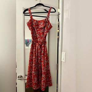 Red floral midi dress with tie waist